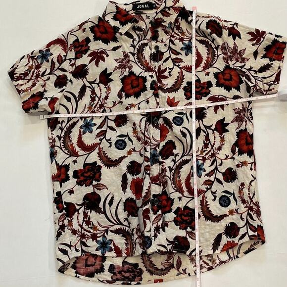 Cotton Blend Floral Short Sleeve Button Down Shirt/Blouse Ivory, Red, Blue, M - Picture 10 of 12